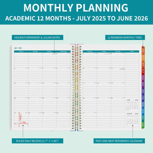 Teacher Planner 2025-2026 A4 Academic Diary, Jul. 2025 - Jun. 2026,8.5" x 11",Mid Year Teacher Diary, Plan Book with Pocket Folder, Color Tabs