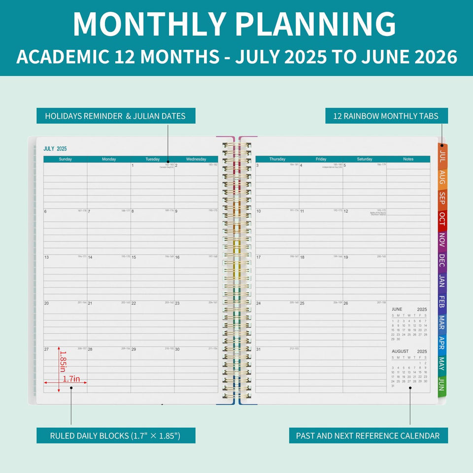 Teacher Planner 2025-2026 A4 Academic Diary, Jul. 2025 - Jun. 2026,8.5" x 11",Mid Year Teacher Diary, Plan Book with Pocket Folder, Color Tabs
