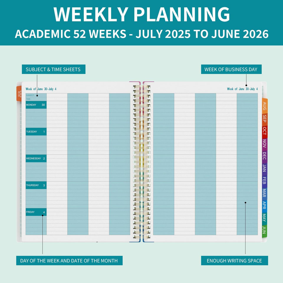 Teacher Planner 2025-2026 A4 Academic Diary, Jul. 2025 - Jun. 2026,8.5" x 11",Mid Year Teacher Diary, Plan Book with Pocket Folder, Color Tabs