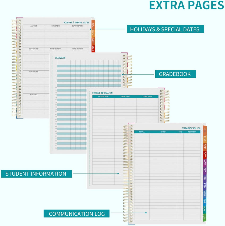 Teacher Planner 2025-2026 A4 Academic Diary, Jul. 2025 - Jun. 2026,8.5" x 11",Mid Year Teacher Diary, Plan Book with Pocket Folder, Color Tabs