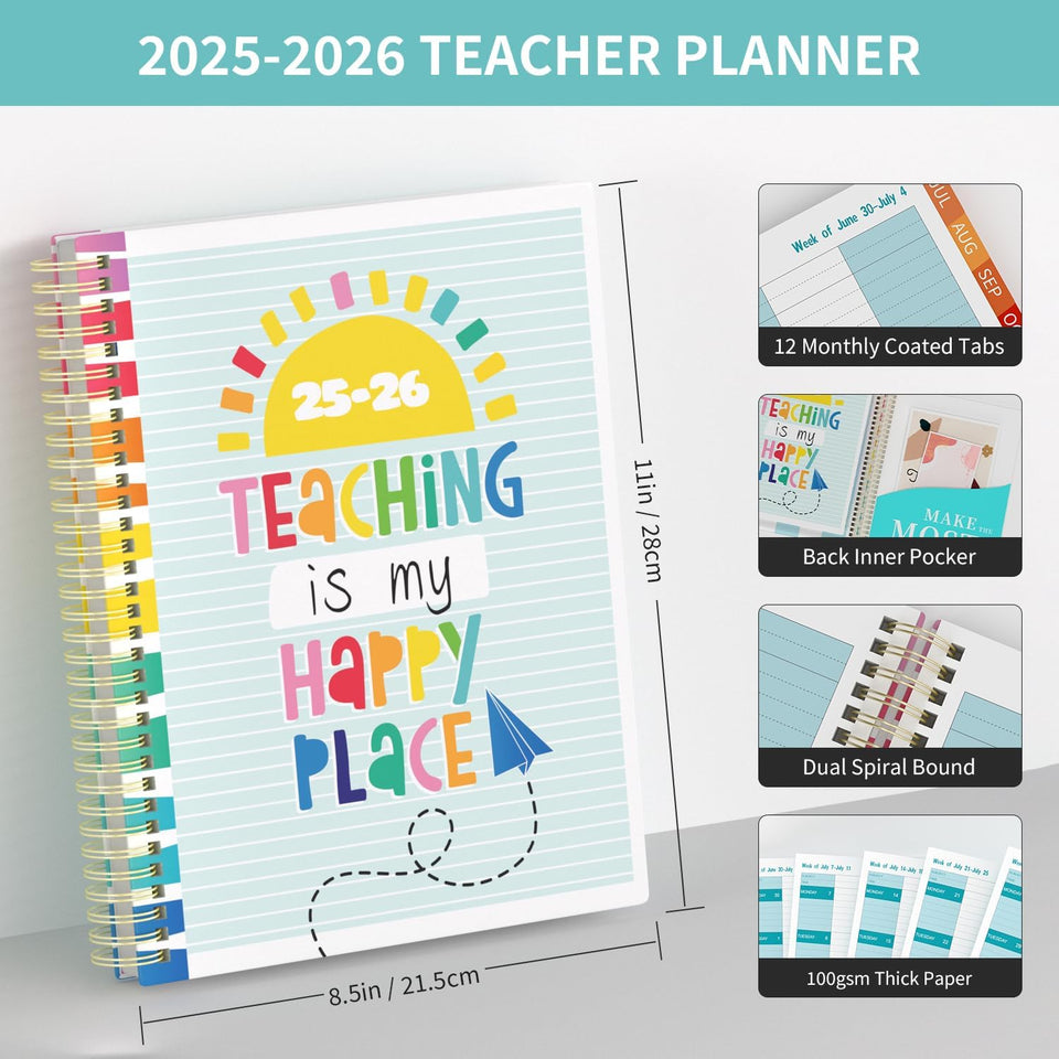 Teacher Planner 2025-2026 A4 Academic Diary, Jul. 2025 - Jun. 2026,8.5" x 11",Mid Year Teacher Diary, Plan Book with Pocket Folder, Color Tabs