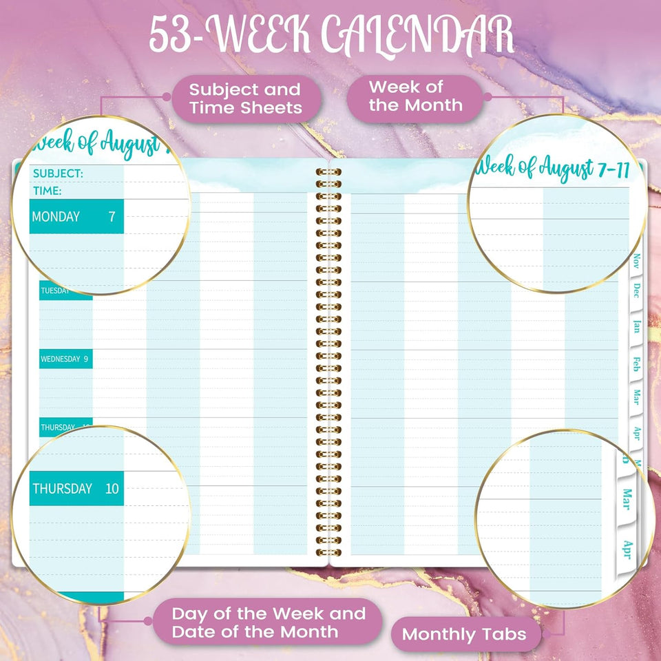 Teacher Planner 2025-26 - Weekly and Monthly Teacher Lesson Planner 2025-2026, Aug 2025 -Jul 2026, 21×28 cm, Wirebound - Pastel Purple and Pink