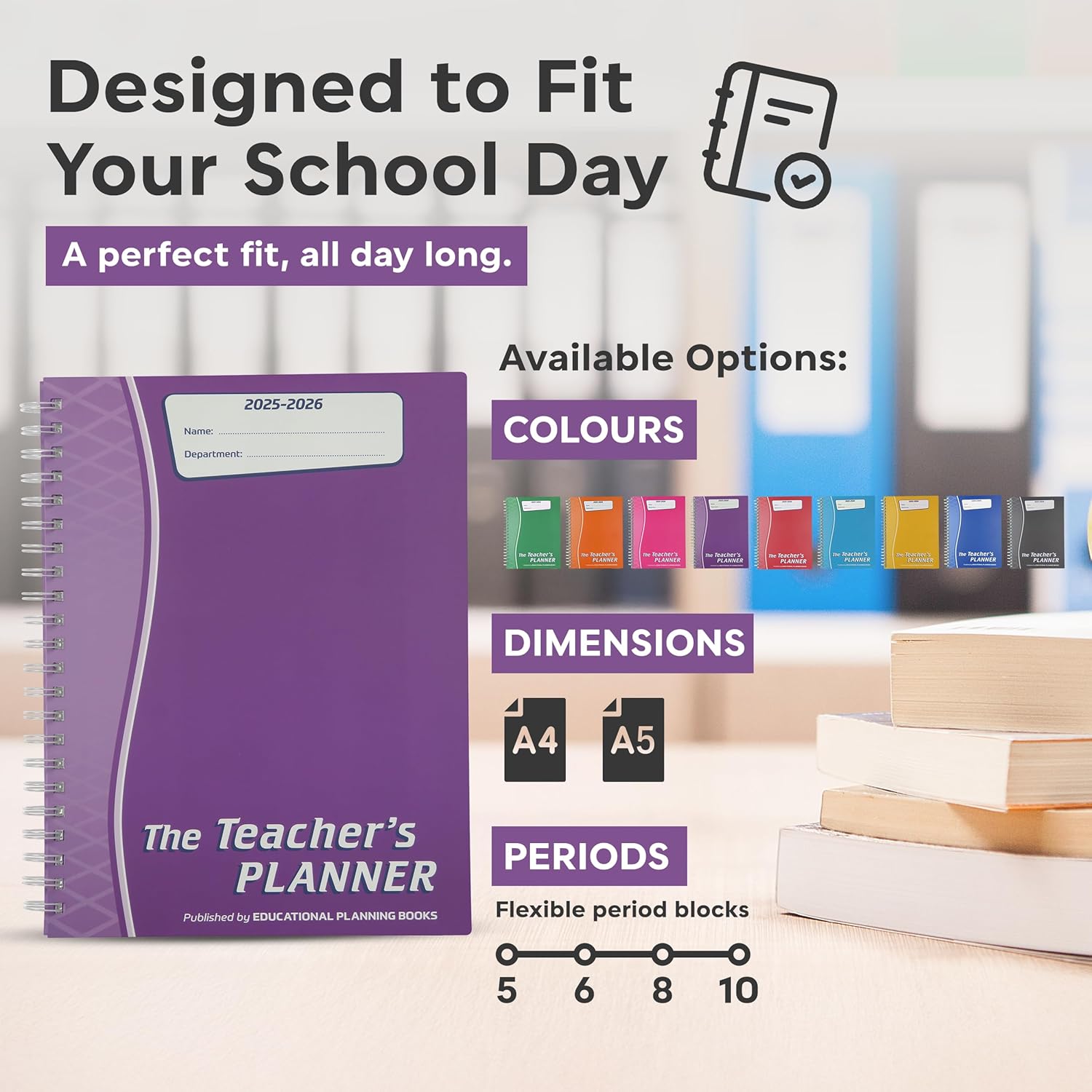 Educational Planning Books - The Teachers Planner Wirobound 2025-26 | A4 Teacher Planner & Academic Diary, Page-a-Day Teacher Notebook in 6 Periods per Day - Pink (TP3-Pink)