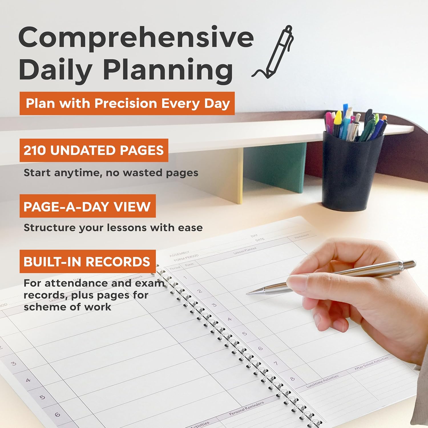 Educational Planning Books - The Teachers Planner Wirobound 2025-26 | A4 Teacher Planner & Academic Diary, Page-a-Day Teacher Notebook in 6 Periods per Day - Pink (TP3-Pink)