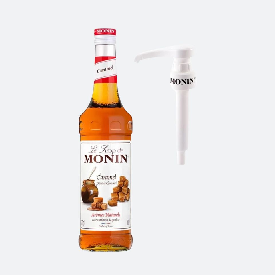 Monin Premium Caramel Syrup 700ml | Caramel Syrup for Coffee and Cocktail Flavouring + Monin Pump