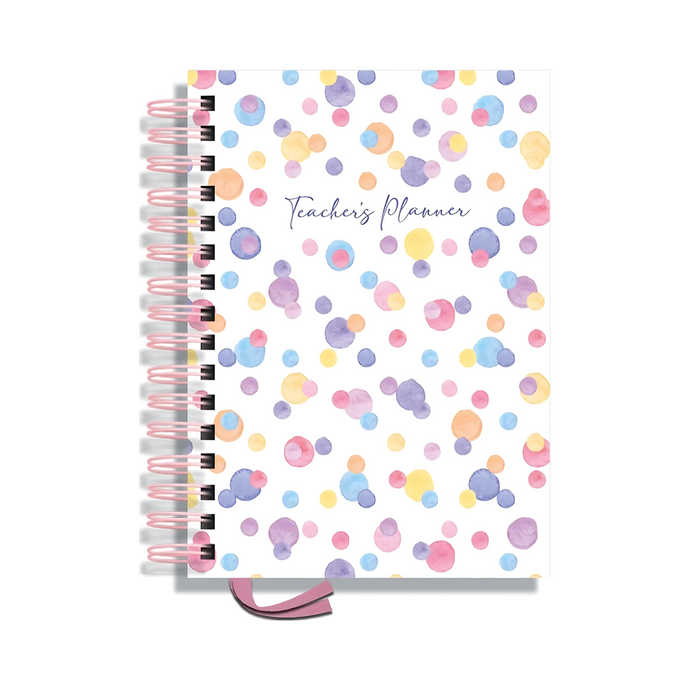 Teacher Planner 2025-2026 A5 size by Pirongs | 6 Lesson Planner for Teachers | Page a day | Undated, Hardback, Wiro-bound Teachers Planner - Polka Party