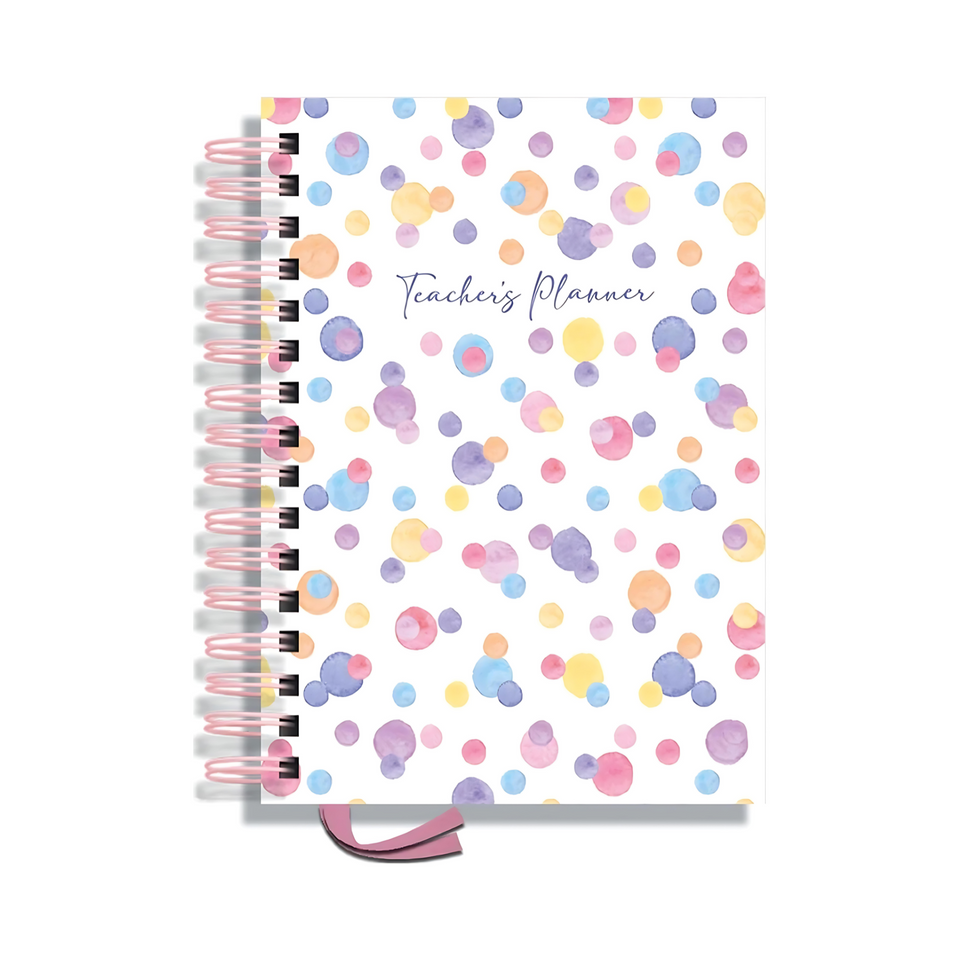 Teacher Planner 2025-2026 A5 size by Pirongs | 6 Lesson Planner for Teachers | Page a day | Undated, Hardback, Wiro-bound Teachers Planner - Polka Party